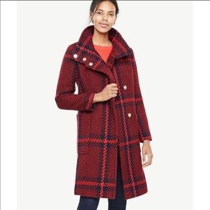 Ann Taylor Navy Red Plaid Funnel Neck Coat Sz S